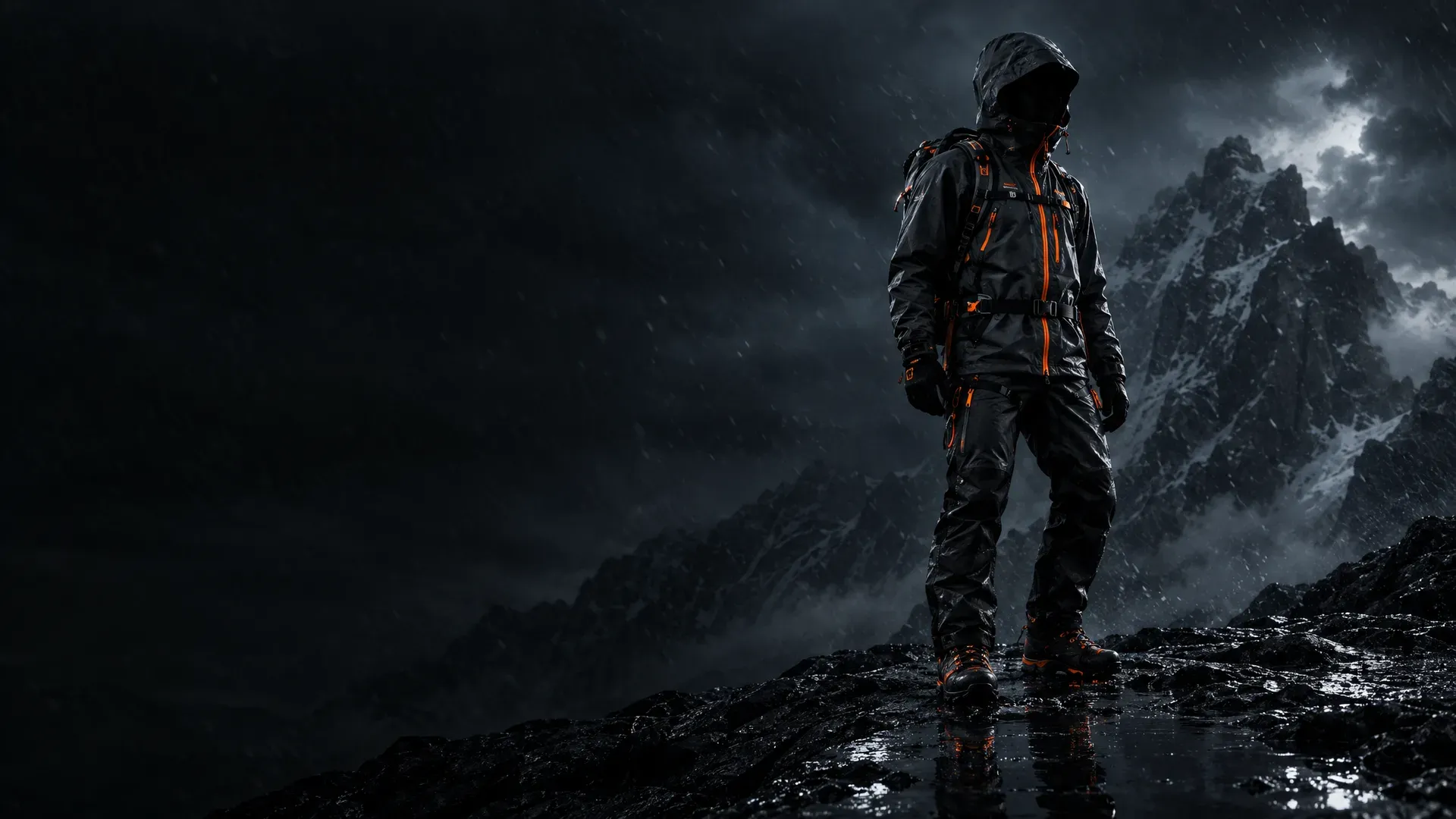The VNT/01 shell worn in a storm-lit alpine night scene